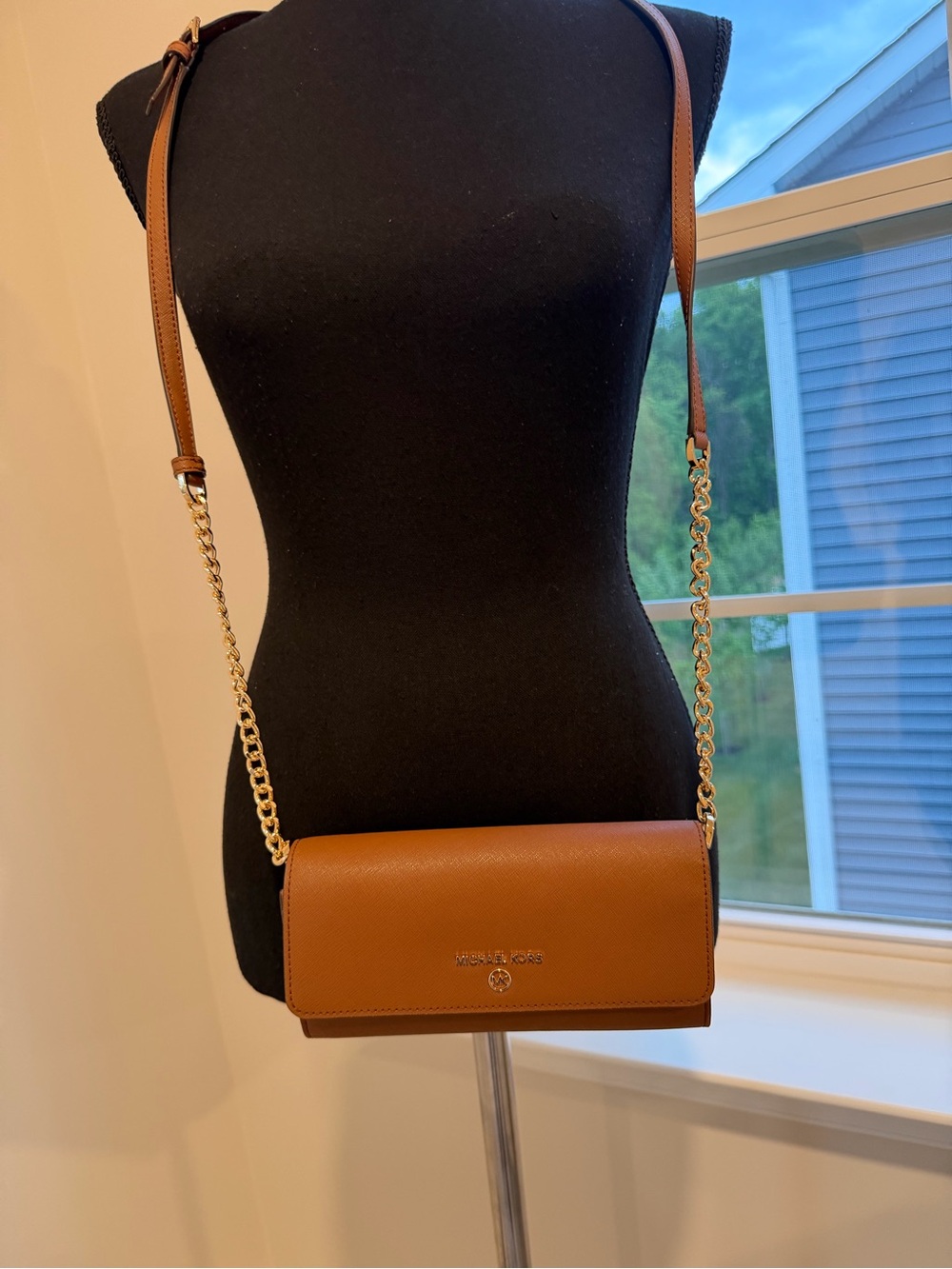 Michael Kors Jet Set Charm Wallet On Chain Crossbody Brown Leather NWT
